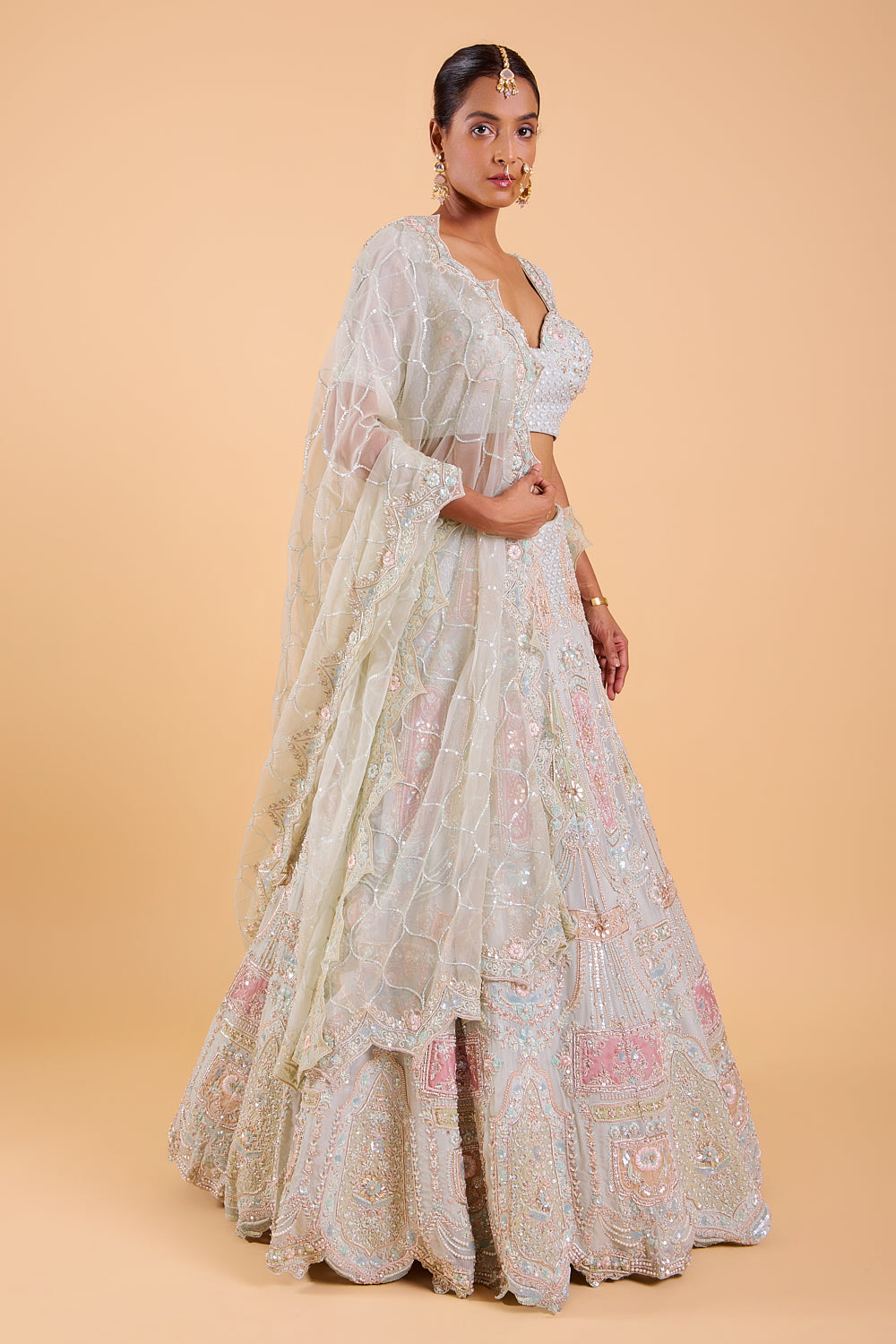 Vibrant Mint Bliss Organza Hand Embroidered Lehenga Set