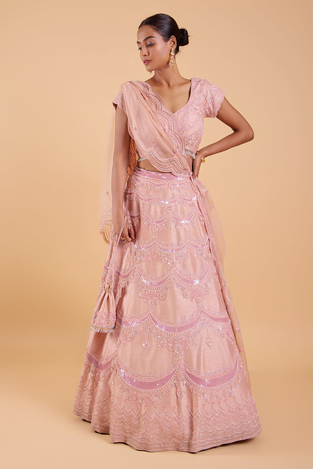 Peach Blush Hand Embroidered Silk Lehenga Set