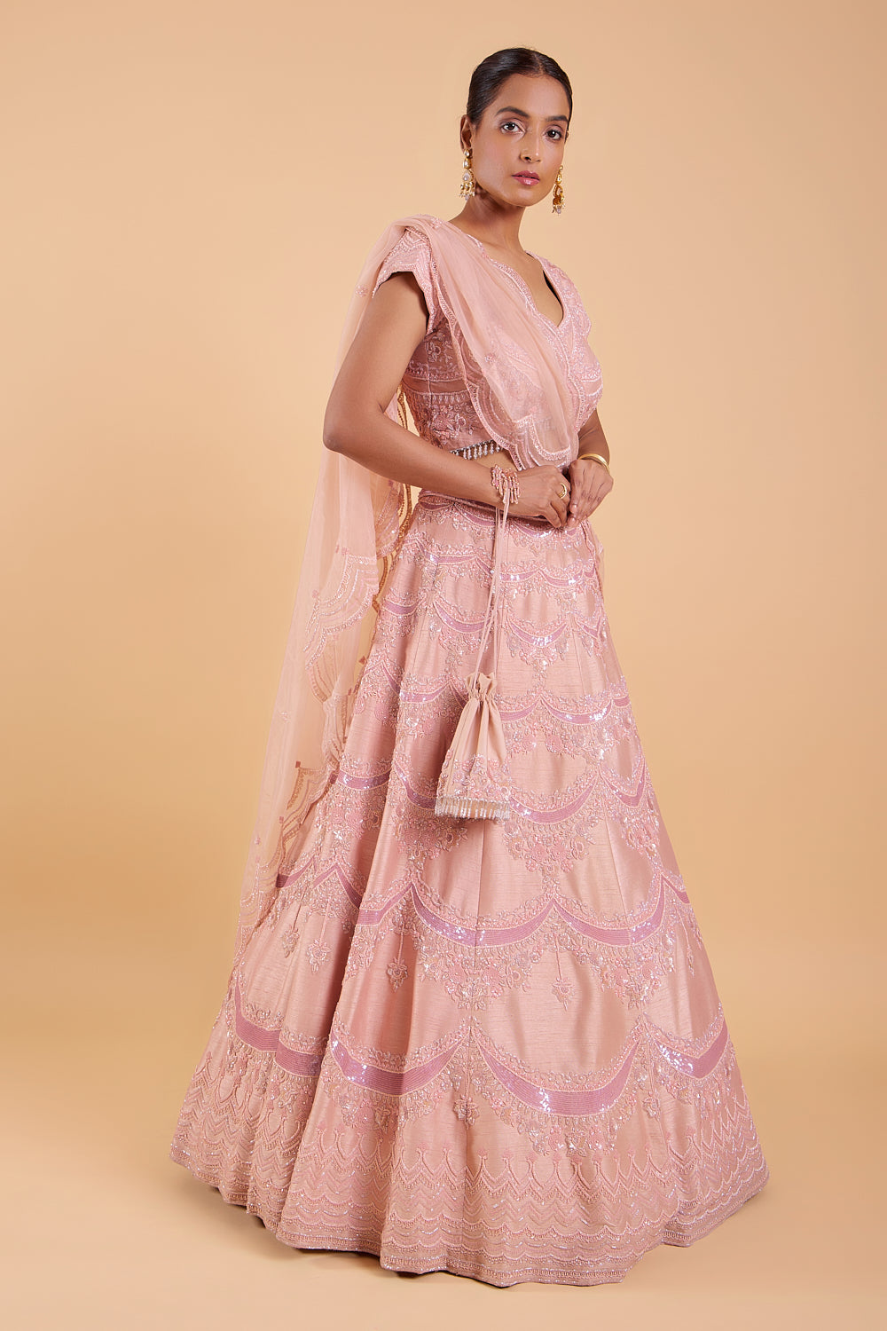 Peach Blush Hand Embroidered Silk Lehenga Set