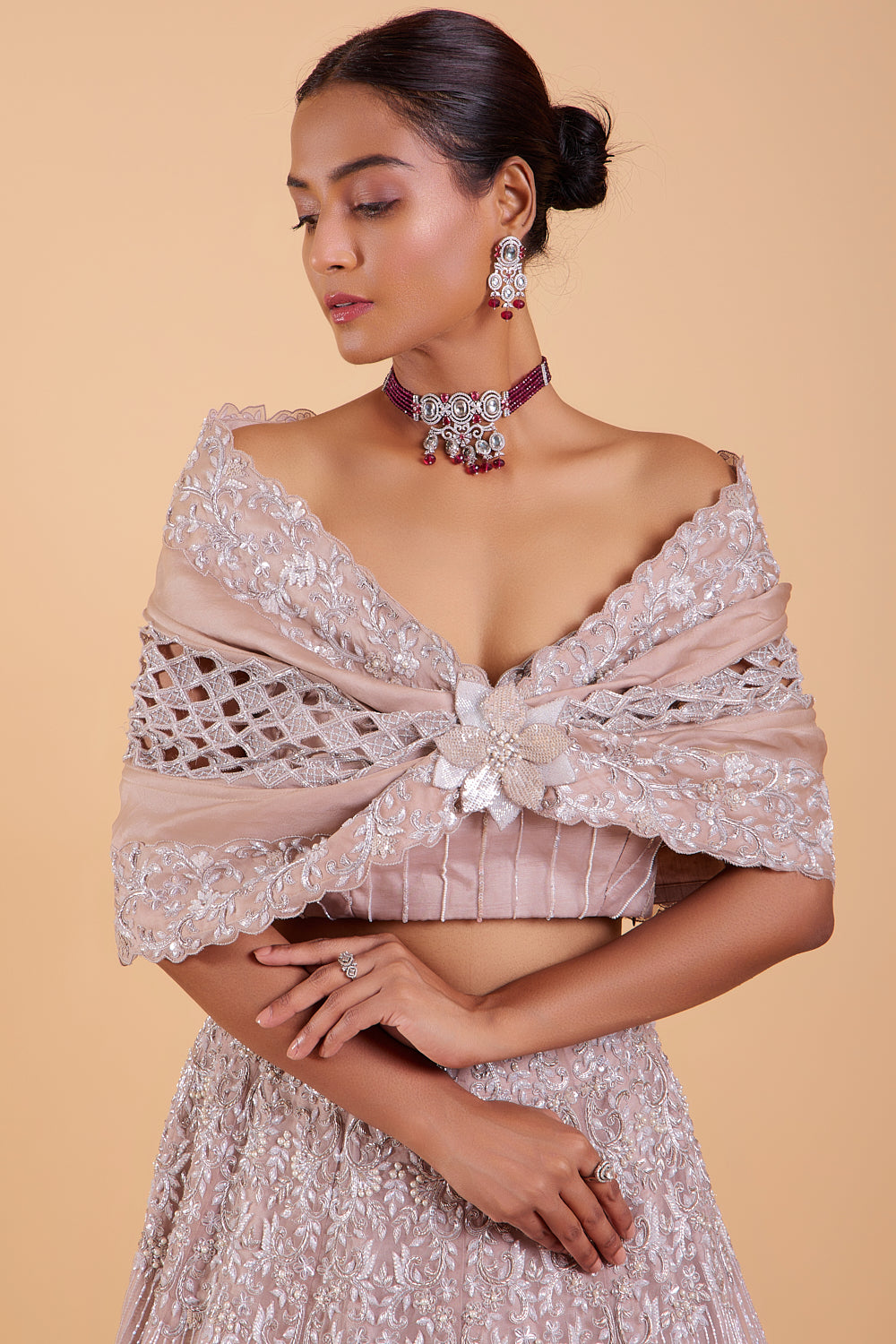 Taupe Organza Hand Embroidered Cape Lehenga Set