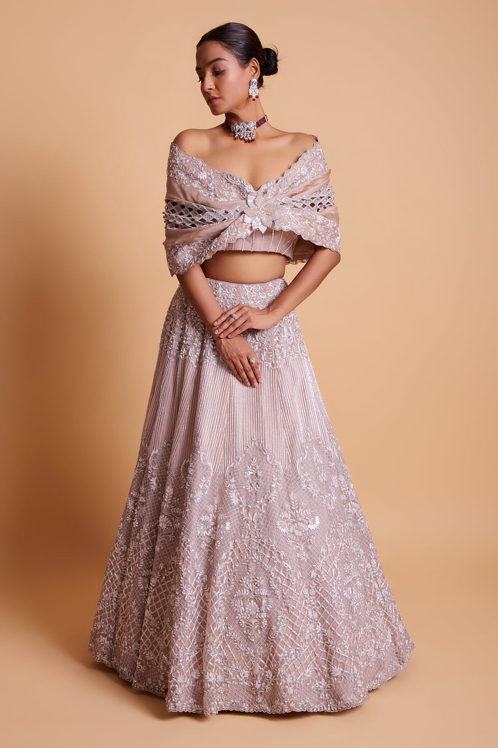Taupe Organza Hand Embroidered Cape Lehenga Set