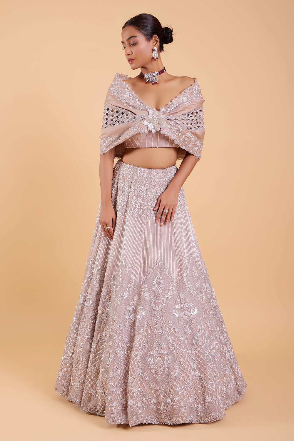 Taupe Organza Hand Embroidered Cape Lehenga Set