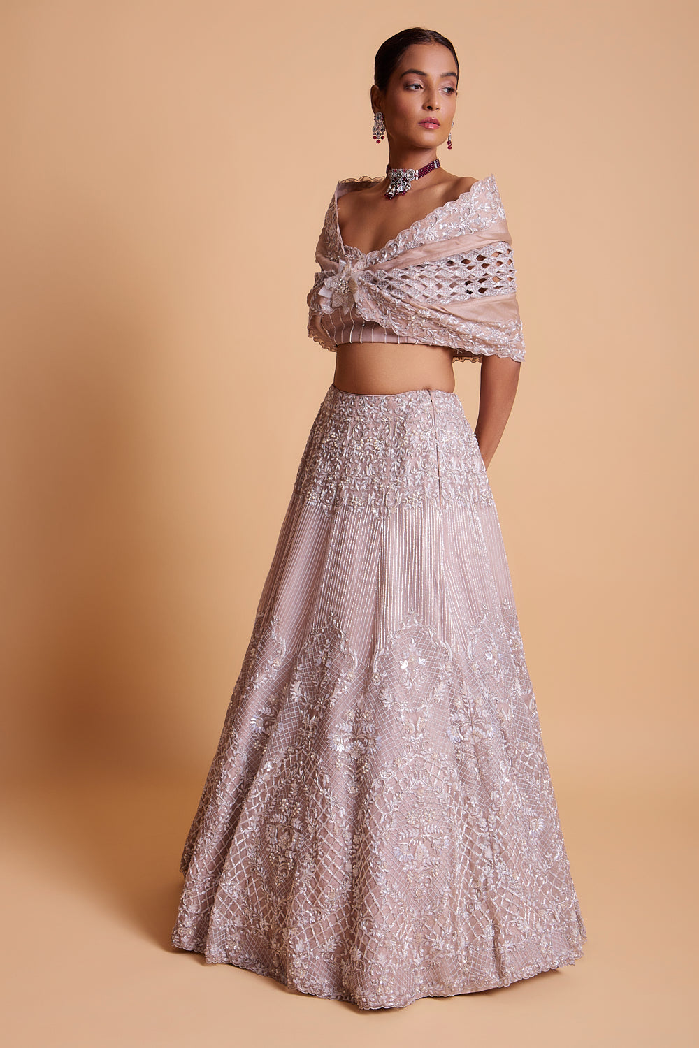Taupe Organza Hand Embroidered Cape Lehenga Set