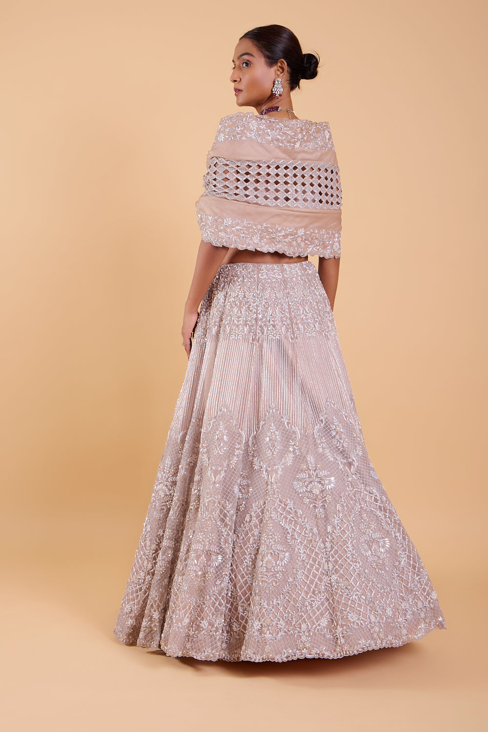 Taupe Organza Hand Embroidered Cape Lehenga Set