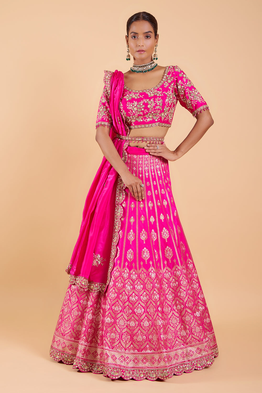 Rani Pink Banarasi Lehenga with Belt Set