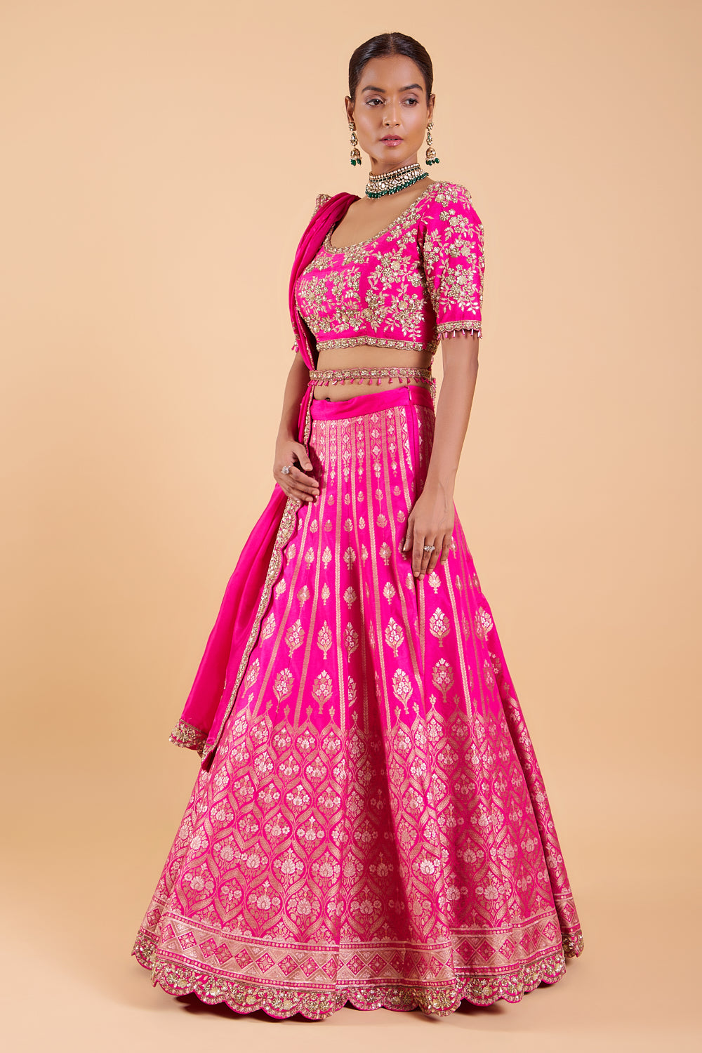 Rani Pink Banarasi Lehenga with Belt Set