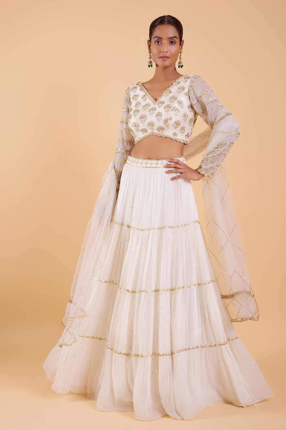 Ivory Elegance  Hand Embroidered Tiered Skirt Set