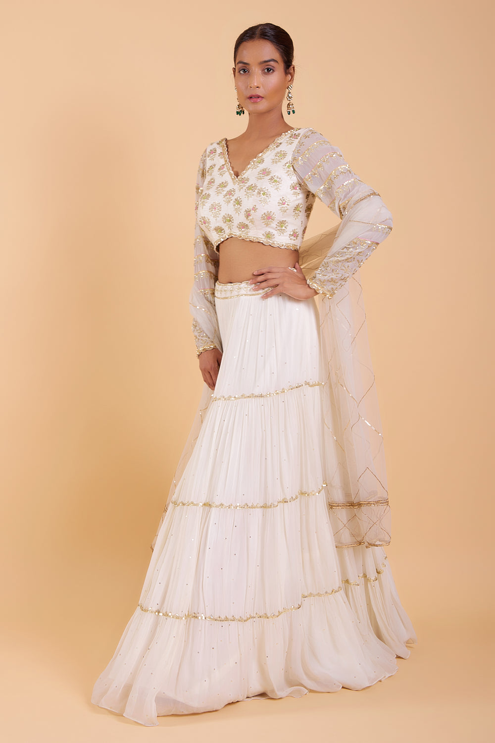 Ivory Elegance  Hand Embroidered Tiered Skirt Set