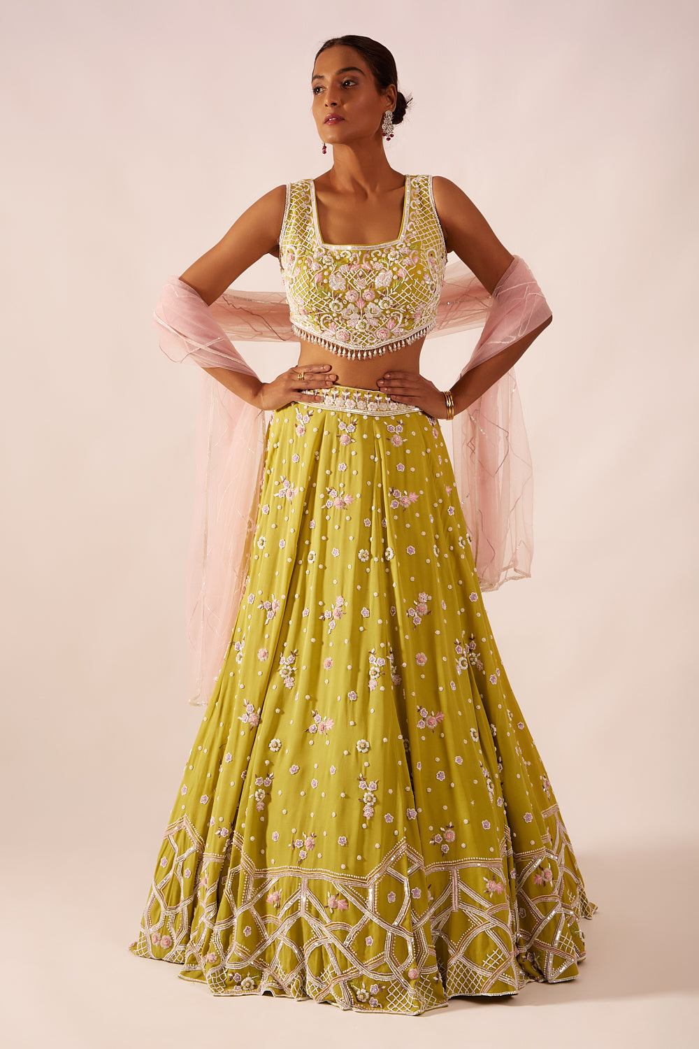 Lime Green Pearl Embroidered Lehenga Set