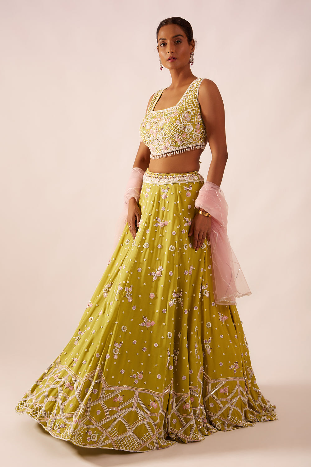 Lime Green Pearl Embroidered Lehenga Set