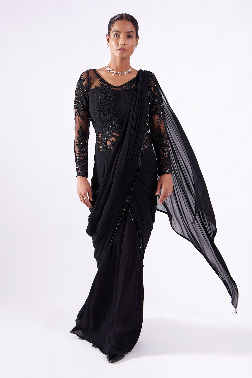 Black Sheer Stitched Drape Sari Gown