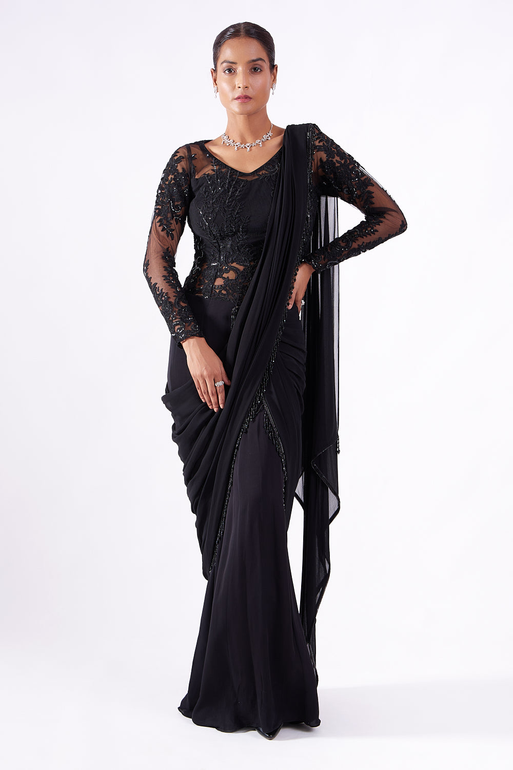 Black Sheer Stitched Drape Sari Gown