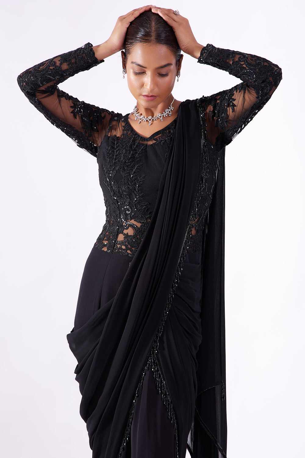 Black Sheer Stitched Drape Sari Gown