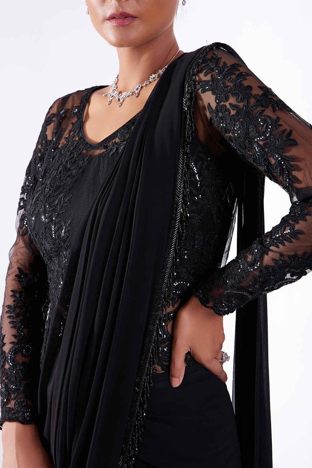 Black Sheer Stitched Drape Sari Gown