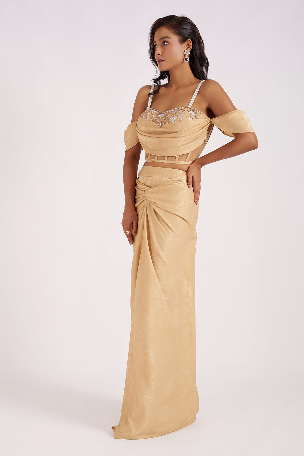 Gold Opulent Corset With Drape Skirt Set