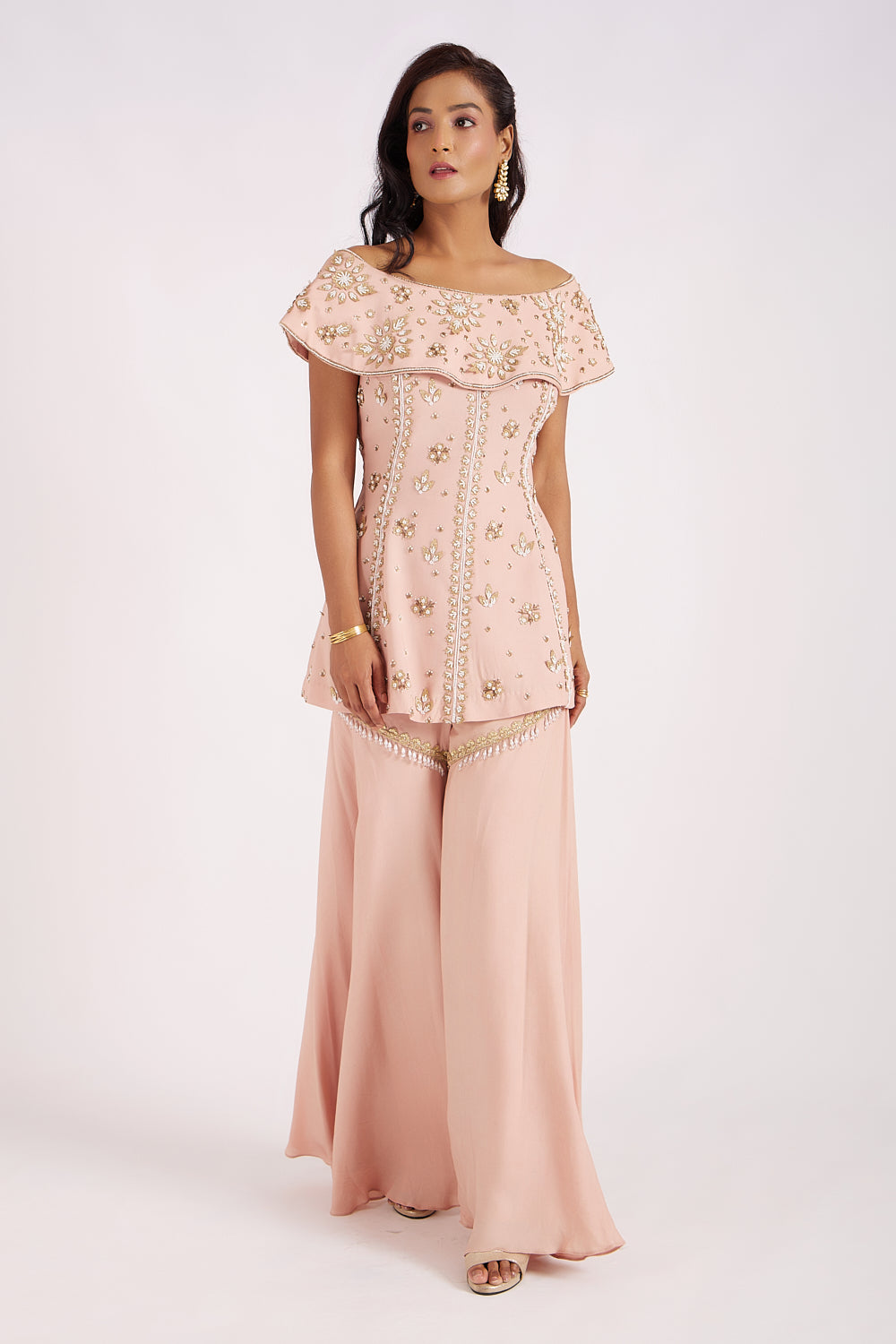 Peach Dust off Shoulder Sharara Set