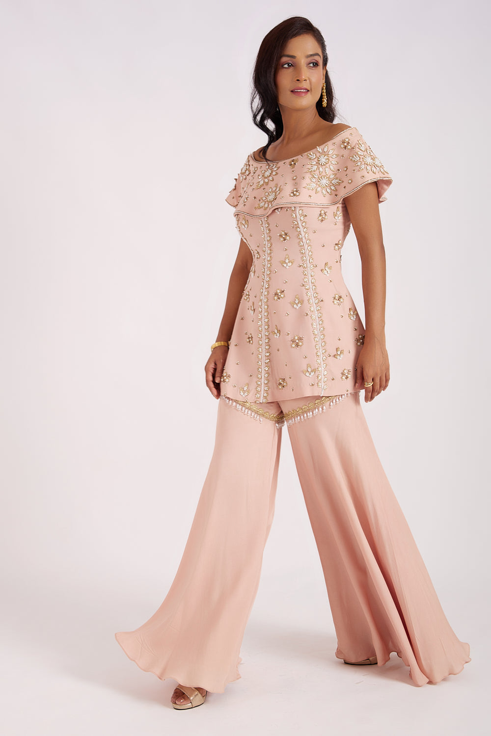 Peach Dust off Shoulder Sharara Set