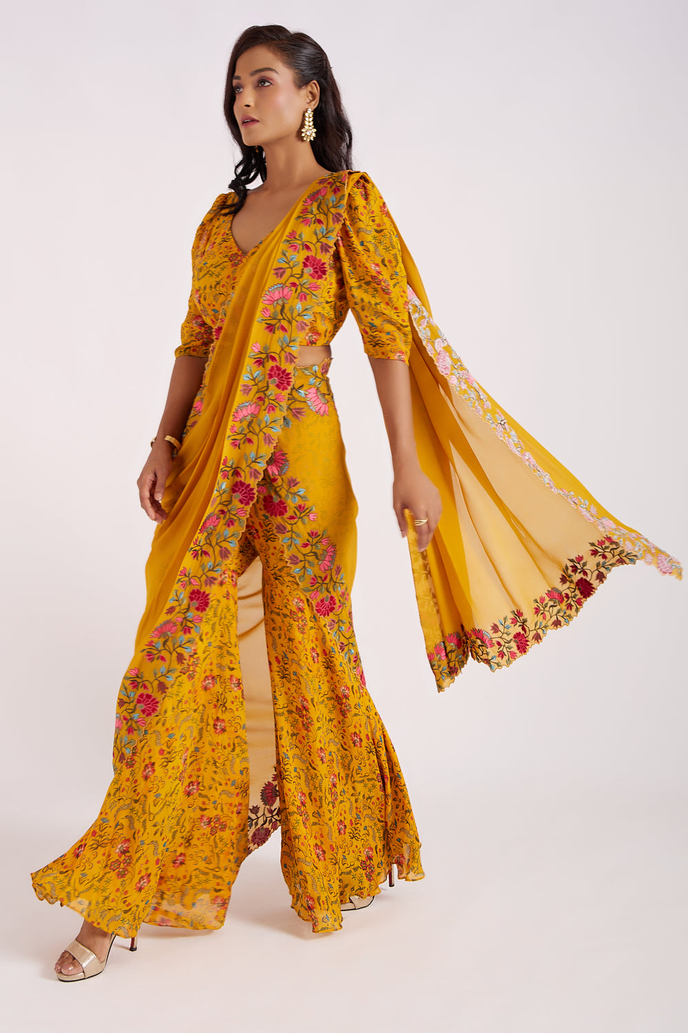 Ochre Drape Sharara Saree Set