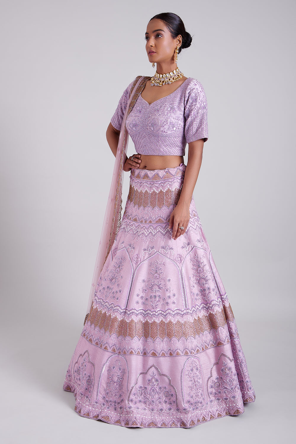 Lilac Silk Hand Embroidered Lehenga Set