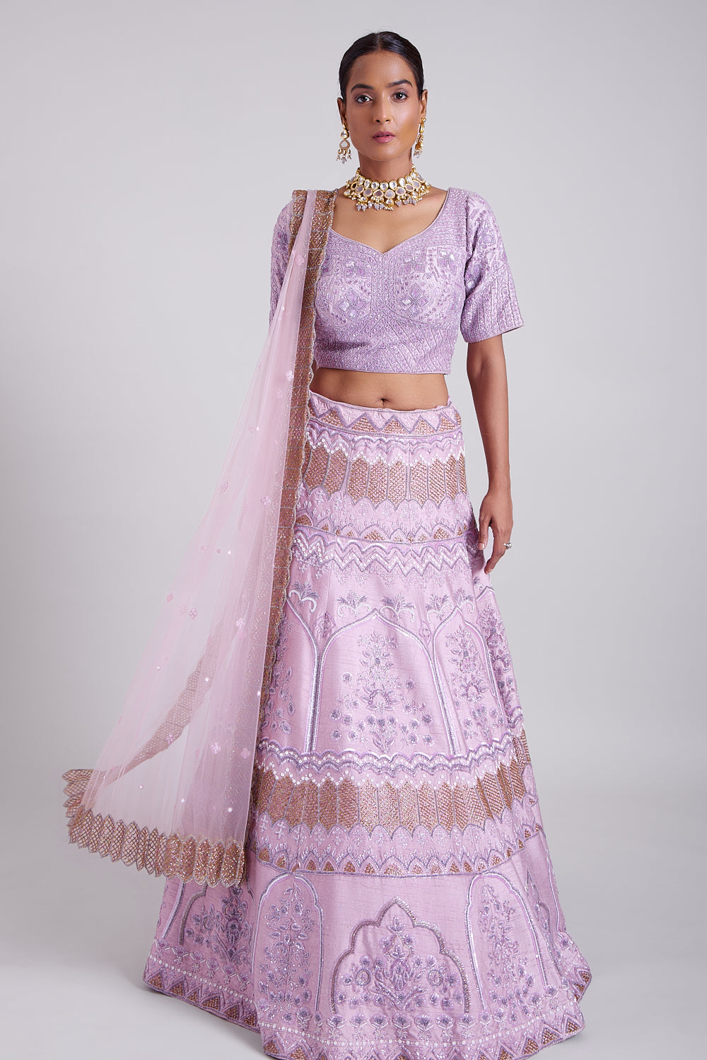 Lilac Silk Hand Embroidered Lehenga Set