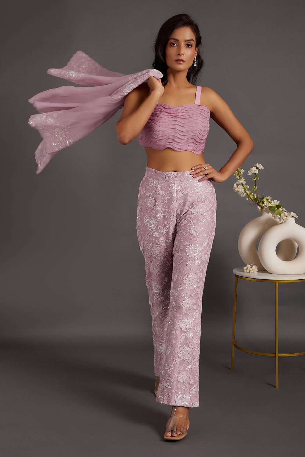 Lilac Organza Cape With Embroidered Pants Set