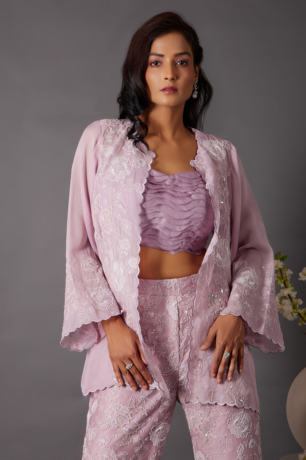 Lilac Organza Cape With Embroidered Pants Set