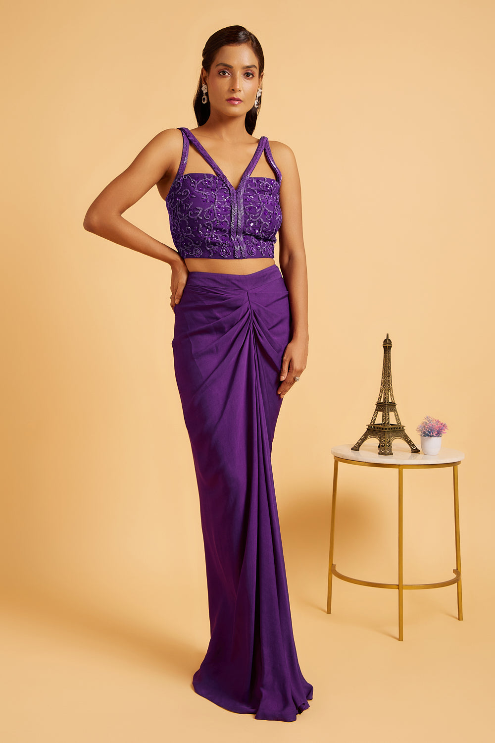 Aubergine Hand Embroidered  Cape and Dhoti Skirt Set