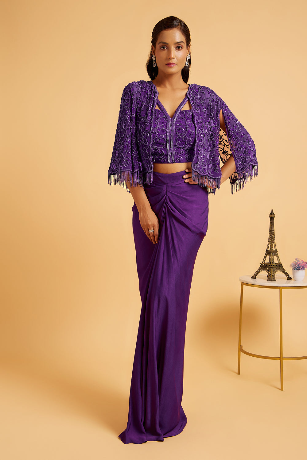 Aubergine Hand Embroidered  Cape and Dhoti Skirt Set