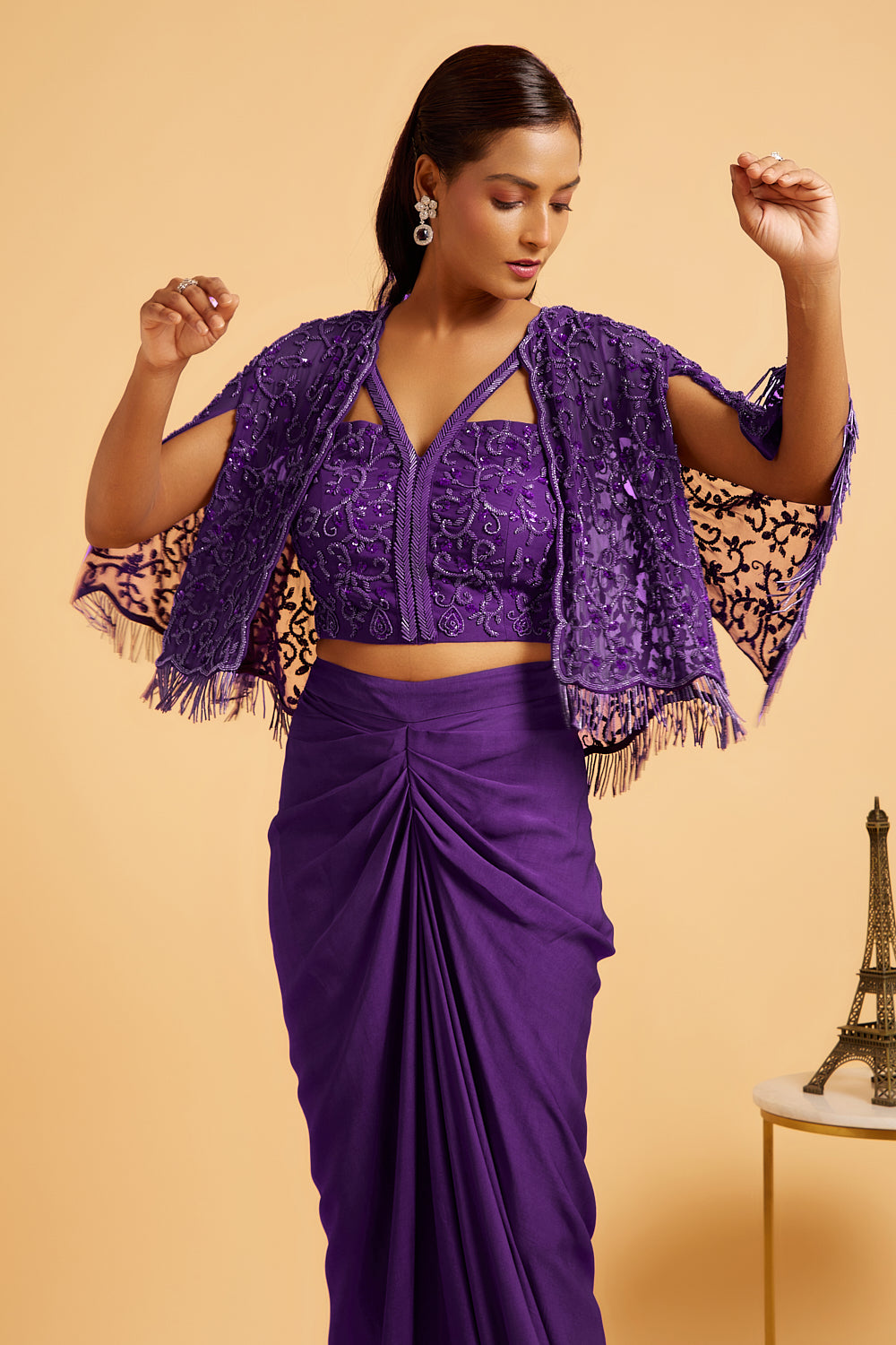 Aubergine Hand Embroidered  Cape and Dhoti Skirt Set