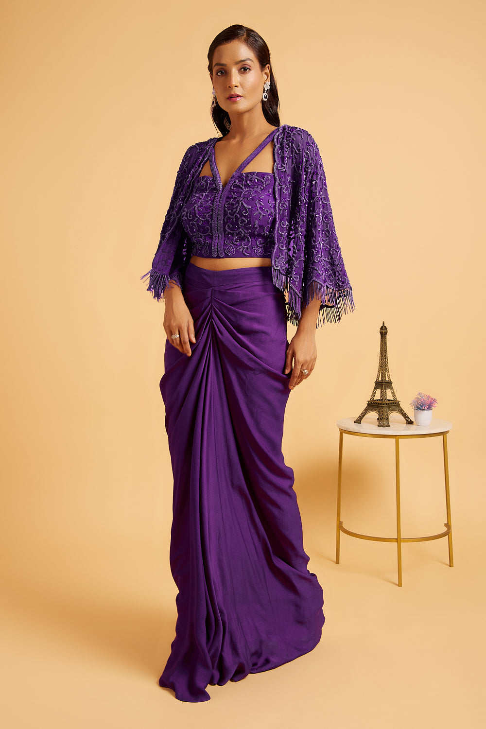 Aubergine Hand Embroidered  Cape and Dhoti Skirt Set