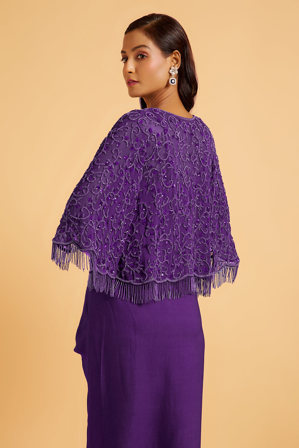 Aubergine Hand Embroidered  Cape and Dhoti Skirt Set