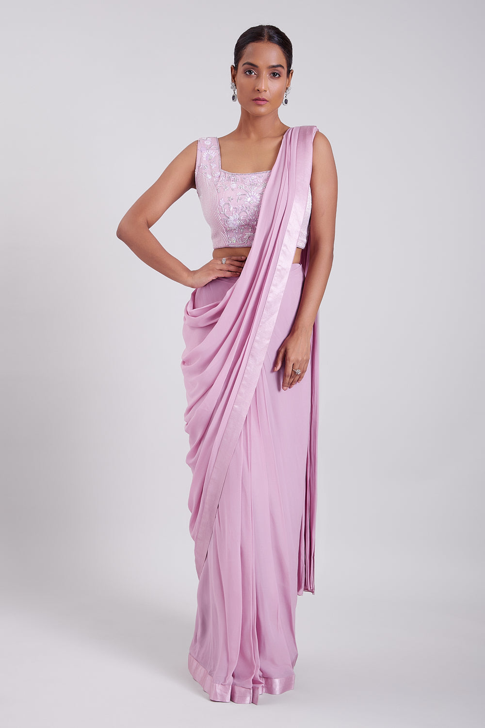 Lavender Stitch Saree With Jaal Embroidered Cape