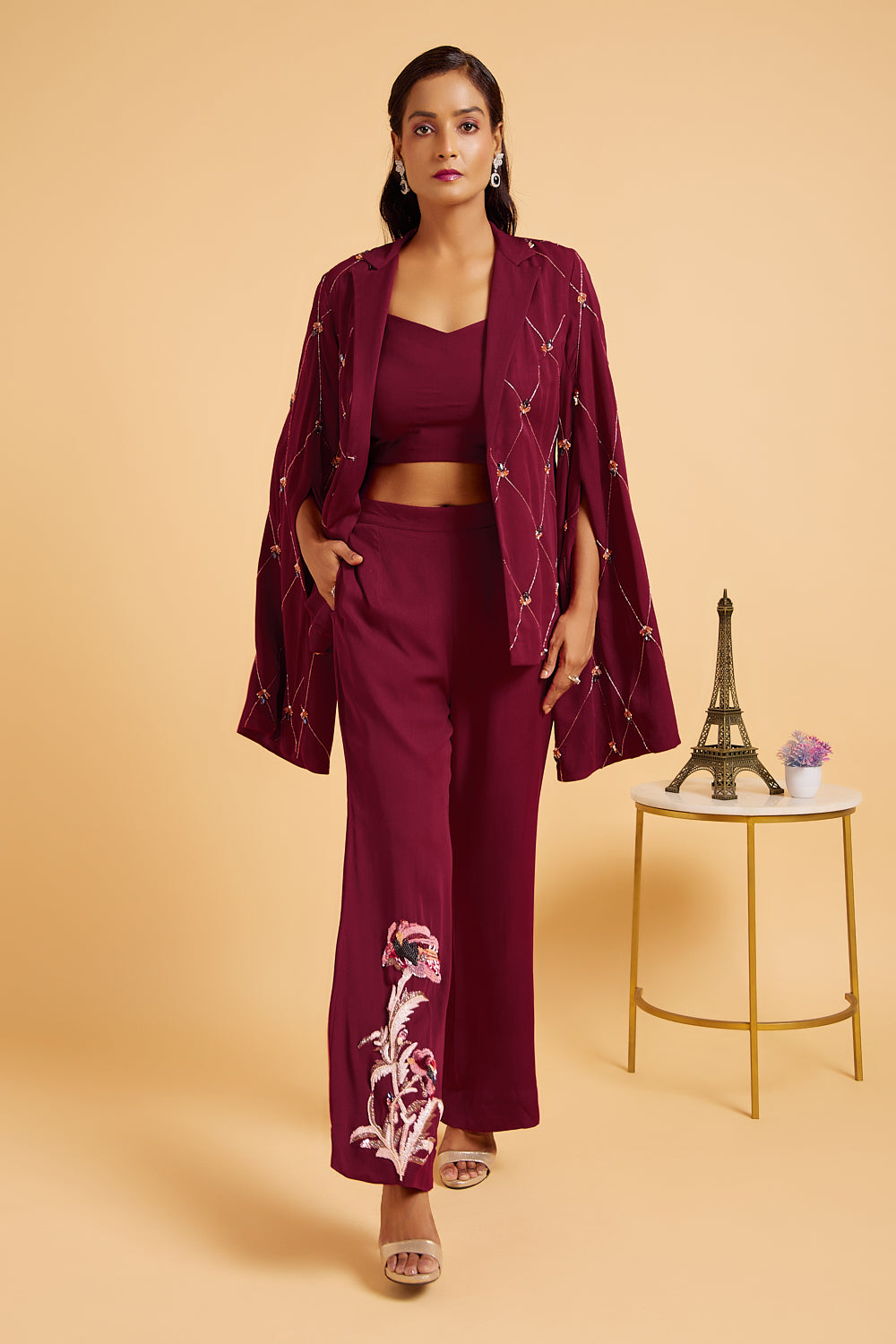 Burgundy Rosette Jacket And Pants Set