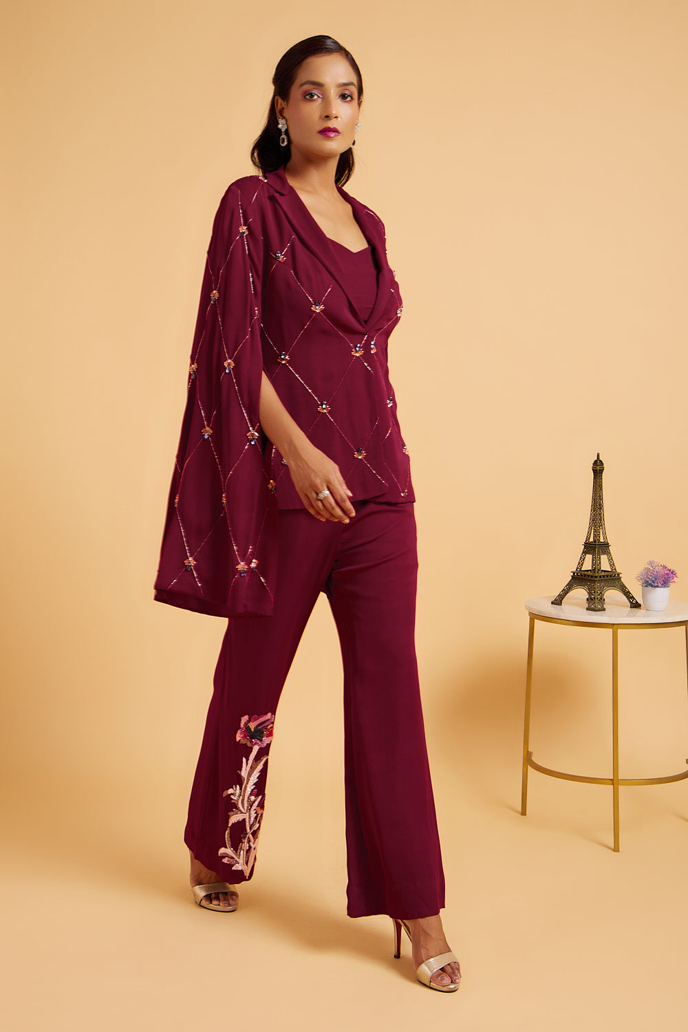 Burgundy Rosette Jacket And Pants Set