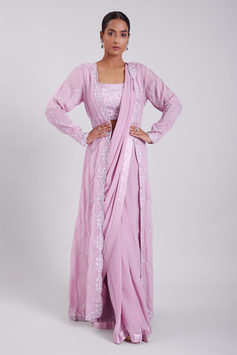 Lavender Stitch Saree With Jaal Embroidered Cape