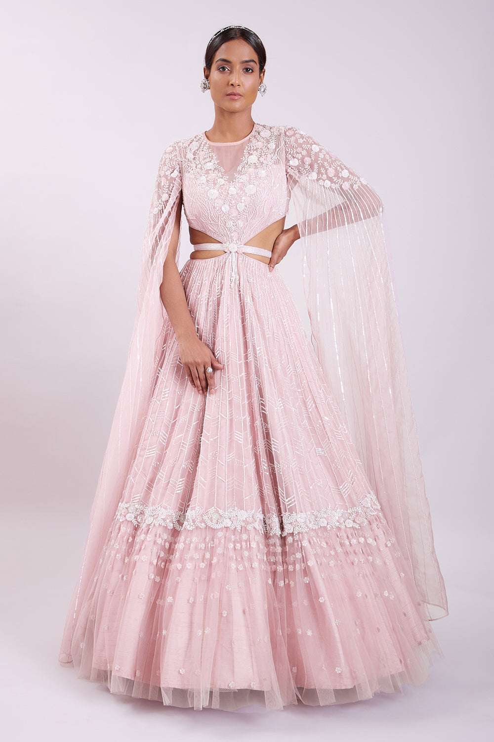 Blush Pink Waist Cutout Embroidered Organza Gown