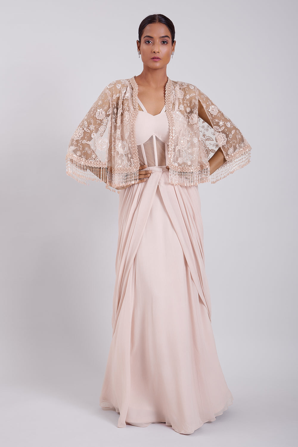 Cozy Peach Short Cape With Drape Corset Gown