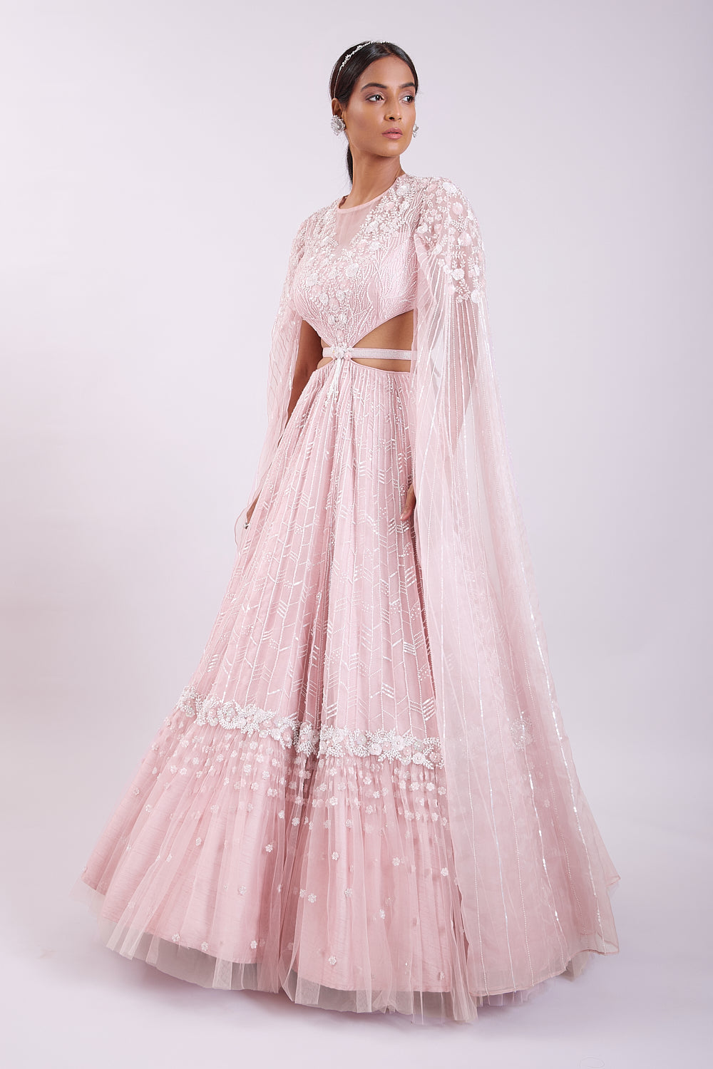 Blush Pink Waist Cutout Embroidered Organza Gown