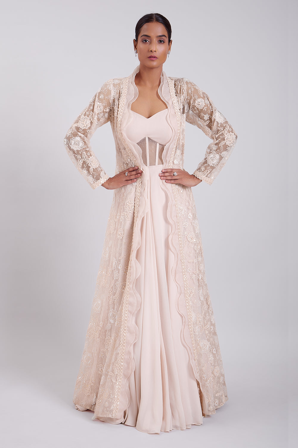 Budding Peach Embroidered Cape With Corset Gown