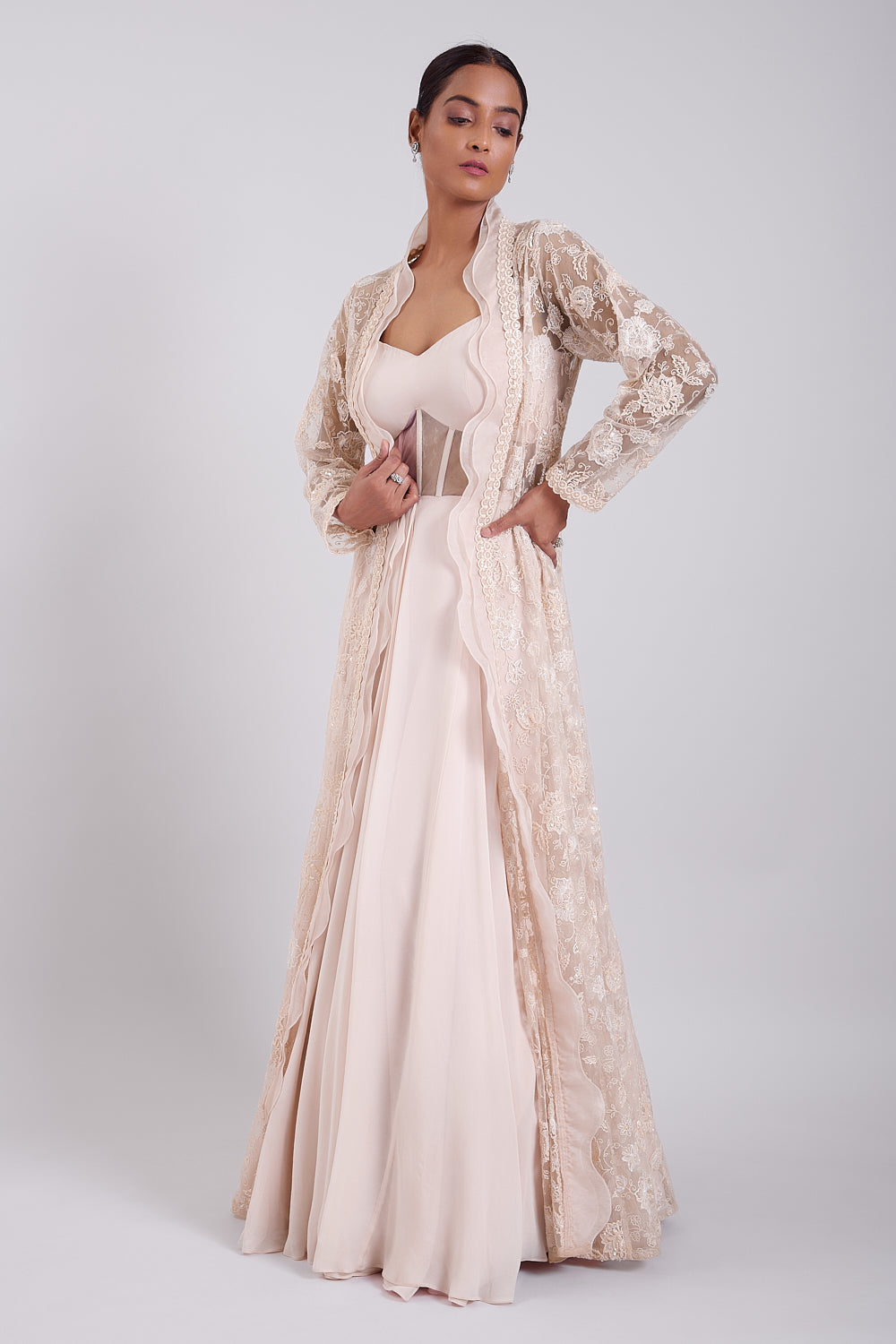 Budding Peach Embroidered Cape With Corset Gown
