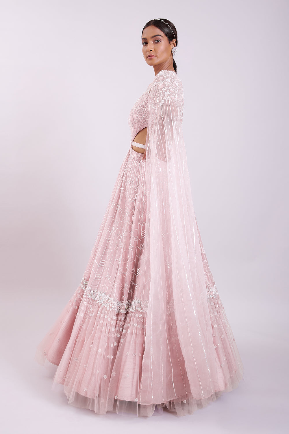 Blush Pink Waist Cutout Embroidered Organza Gown
