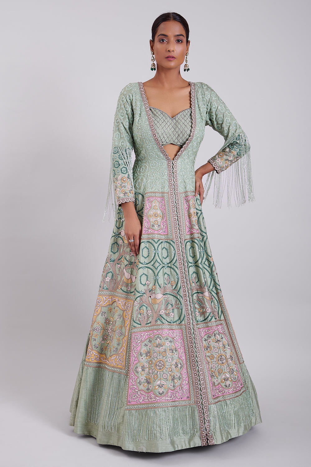 Sage Green Hand Embroidered Anarkali Gown with Bustier