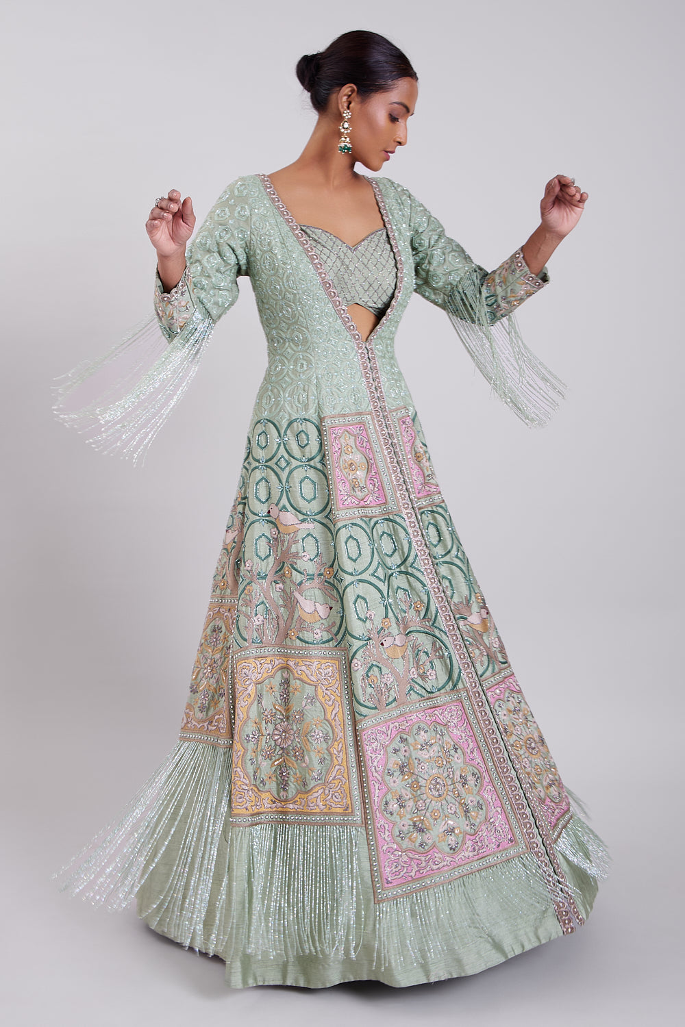 Sage Green Hand Embroidered Anarkali Gown with Bustier