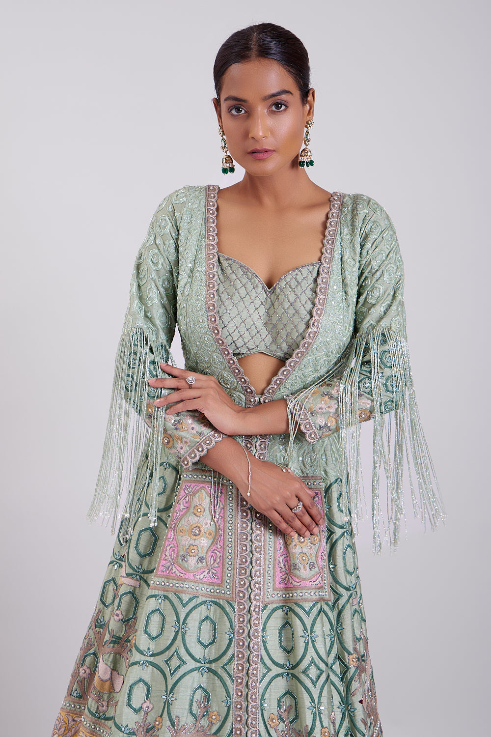 Sage Green Hand Embroidered Anarkali Gown with Bustier