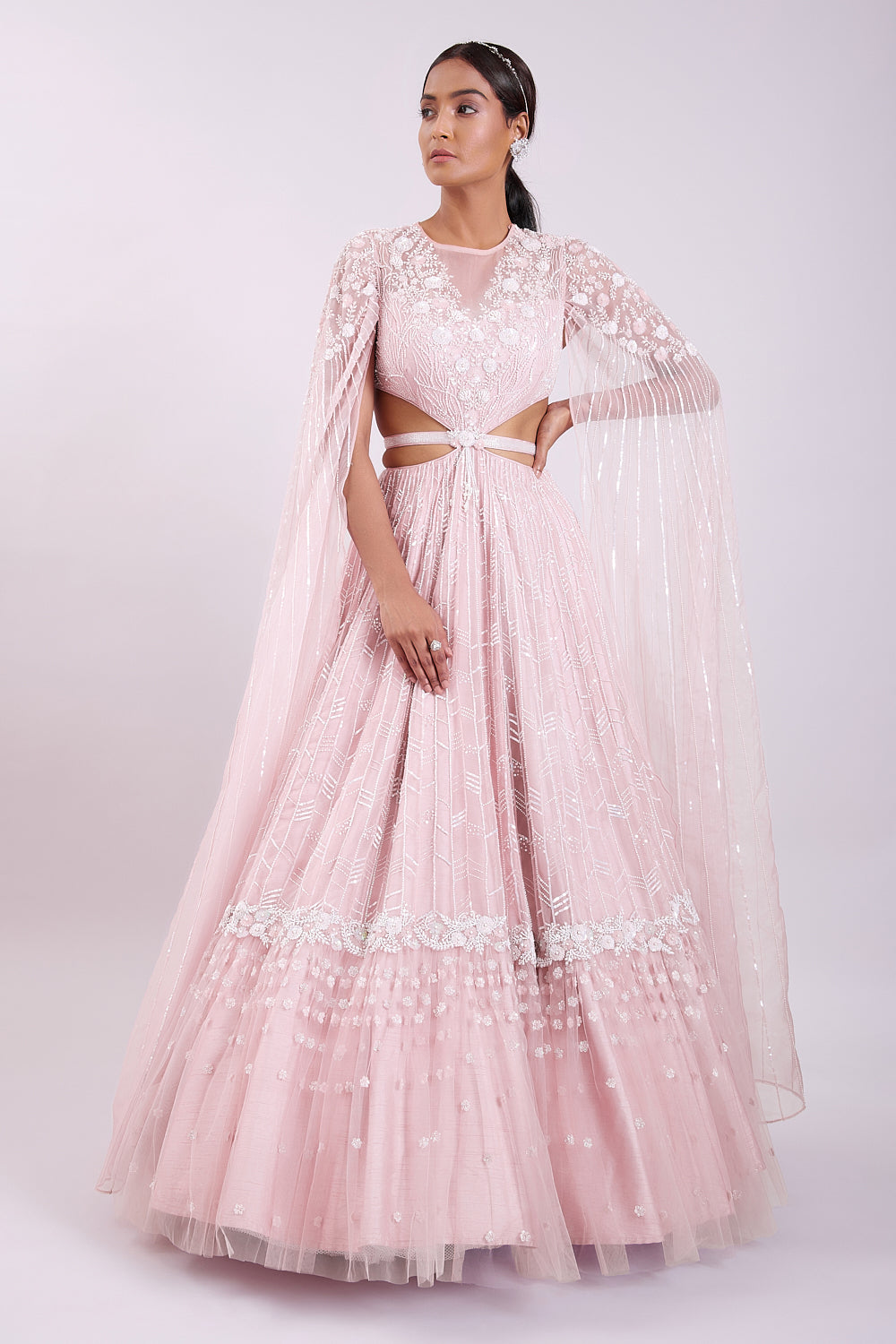 Blush Pink Waist Cutout Embroidered Organza Gown