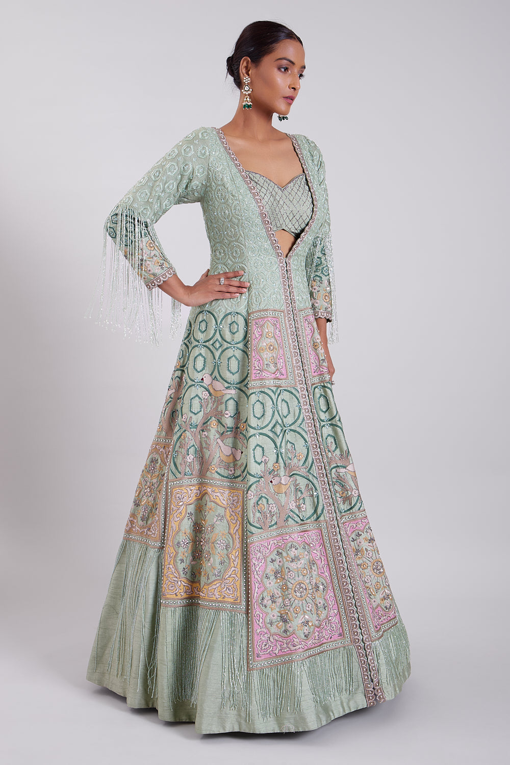 Sage Green Hand Embroidered Anarkali Gown with Bustier