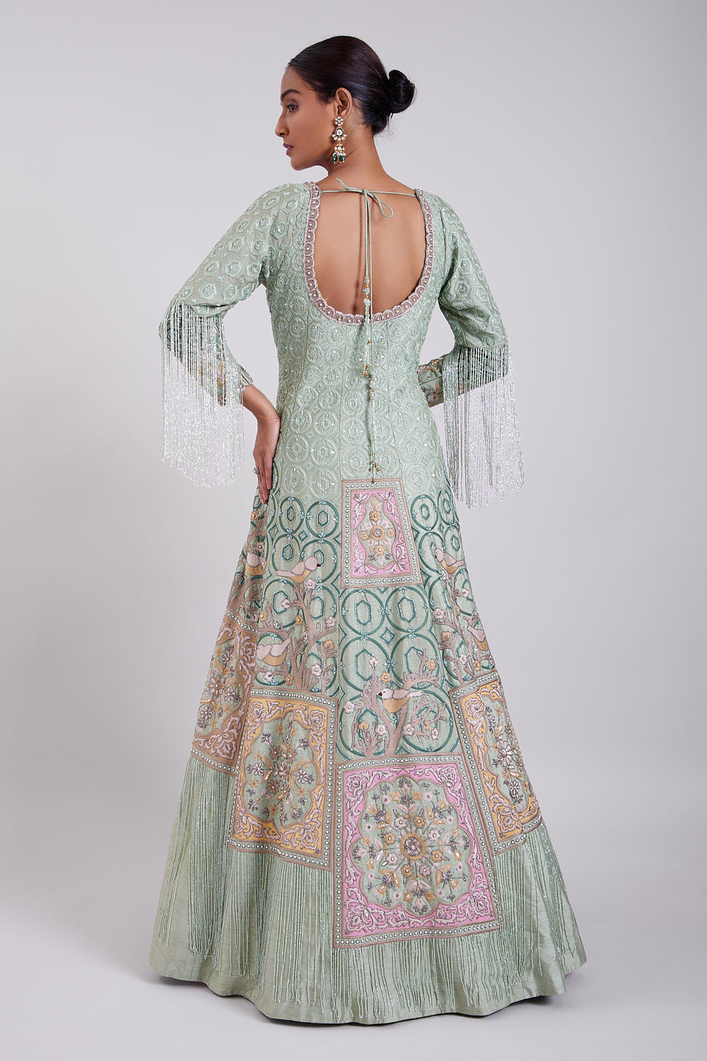 Sage Green Hand Embroidered Anarkali Gown with Bustier