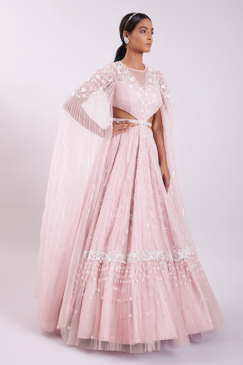 Blush Pink Waist Cutout Embroidered Organza Gown