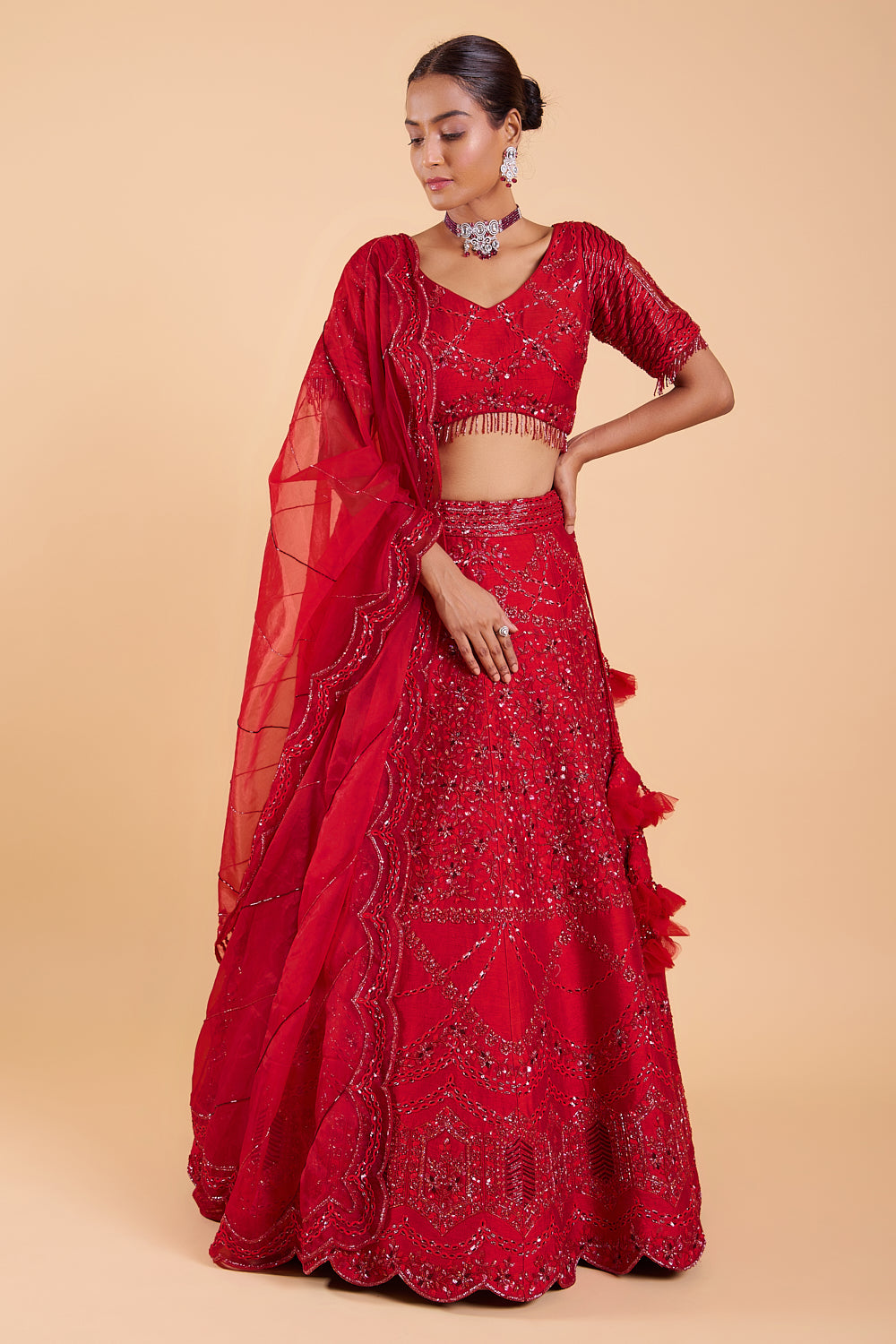 Red love Hand embroidered silk Lehenga set