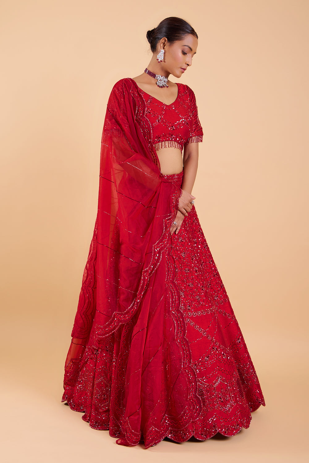 Red love Hand embroidered silk Lehenga set